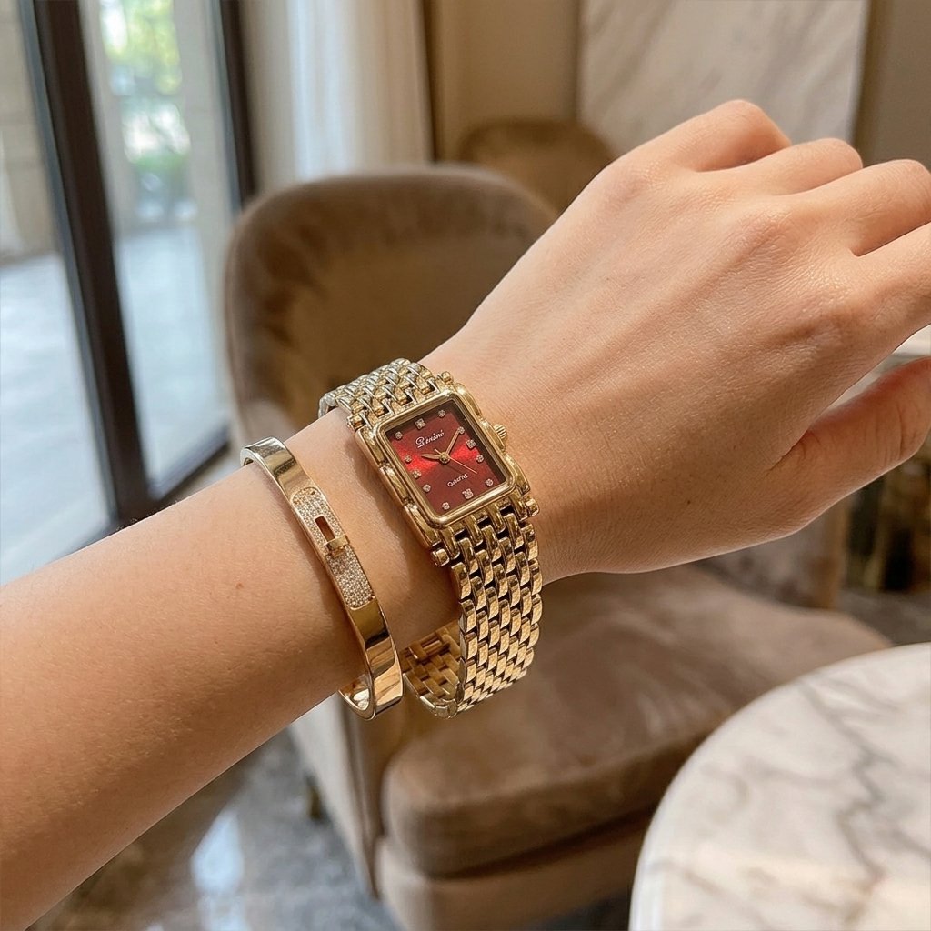 Retro Rectangular Women’s Quartz Watch, Stylish Metal Bracelet Band
