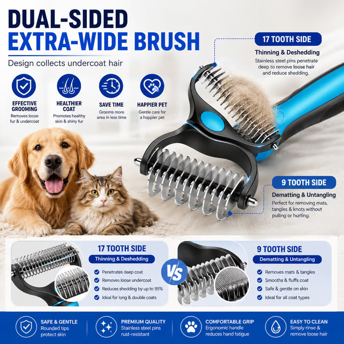 🐾Double-Sided Pet Grooming Brush – Hurtless Shedding & Dematting Undercoat Rake for Dogs and Cats