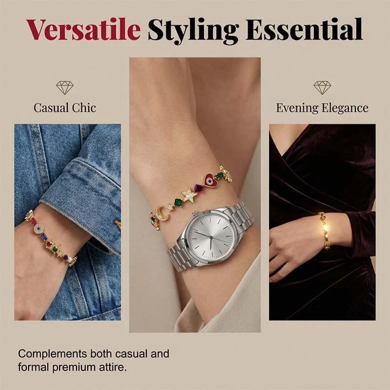 💫✨ Celestial Charm Bracelet – Sun, Moon, Stars, Multi-Color Crystals