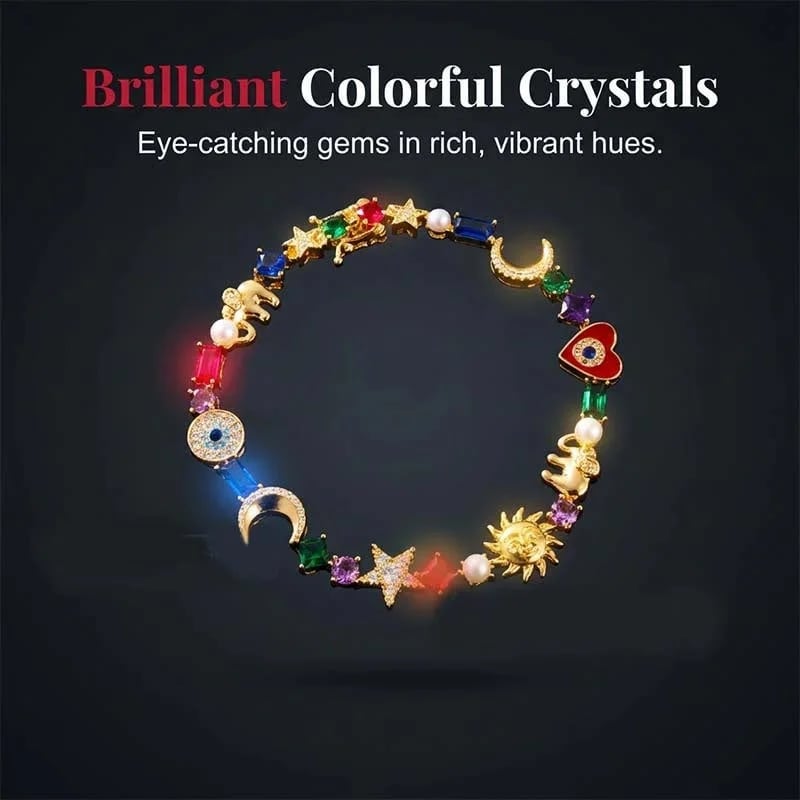 💫✨ Celestial Charm Bracelet – Sun, Moon, Stars, Multi-Color Crystals